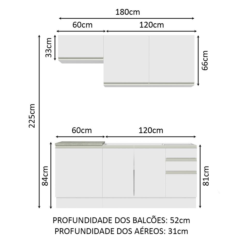 Cozinha Completa Madesa Glamy 180007 com Armário e Balcão (Sem Tampo e Pia) - Branco