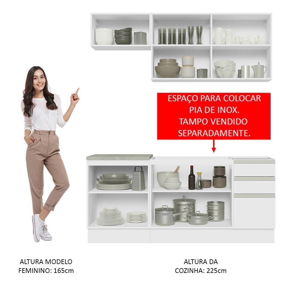 Cozinha Completa Madesa Glamy 180007 com Armário e Balcão (Sem Tampo e Pia) - Branco