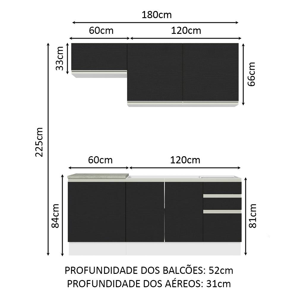 Cozinha Completa Madesa Glamy 180007 com Armário e Balcão (Sem Tampo e Pia) - Branco/Preto