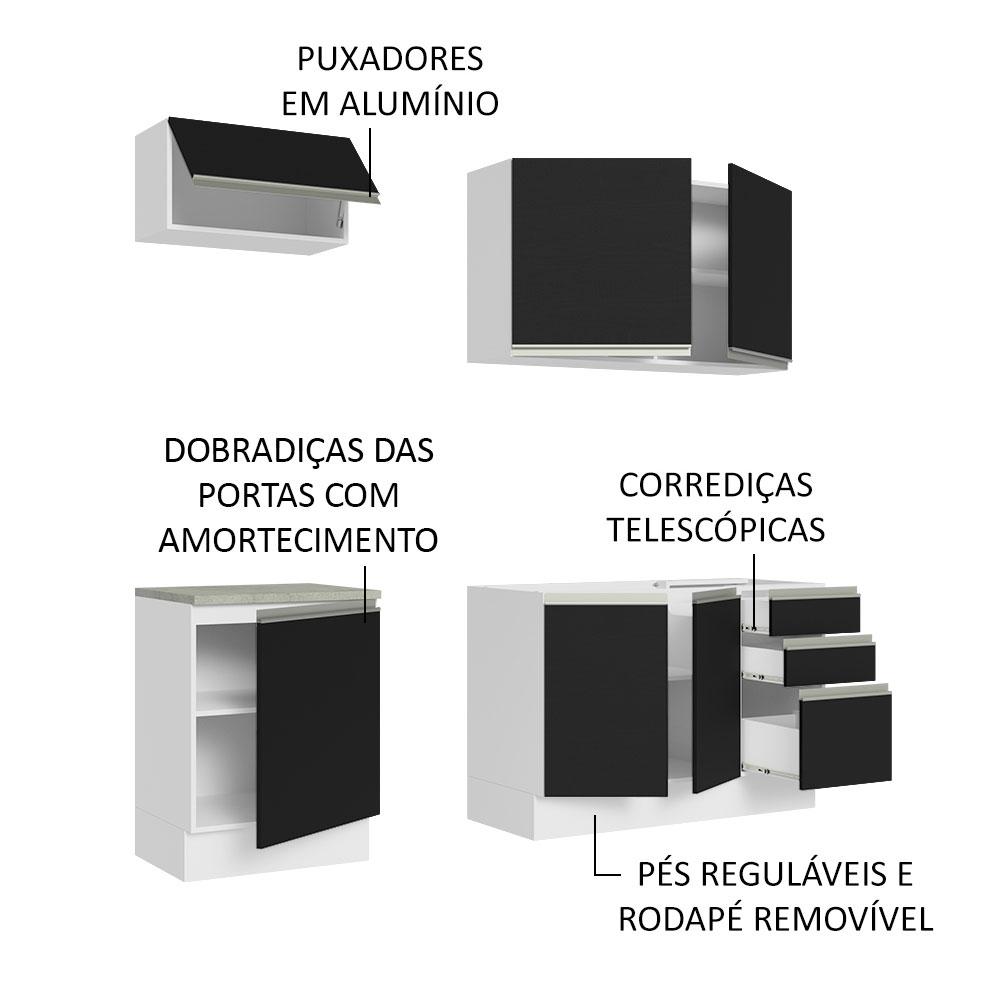 Cozinha Completa Madesa Glamy 180007 com Armário e Balcão (Sem Tampo e Pia) - Branco/Preto