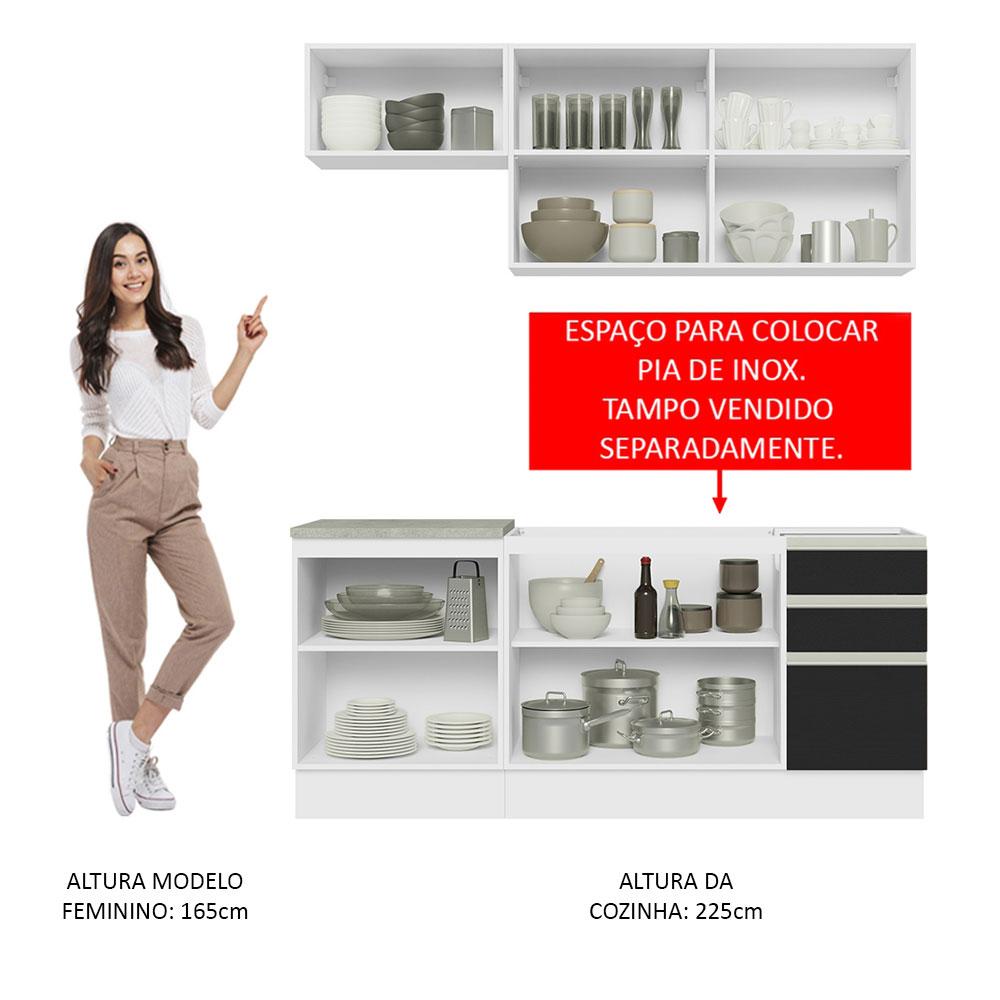 Cozinha Completa Madesa Glamy 180007 com Armário e Balcão (Sem Tampo e Pia) - Branco/Preto