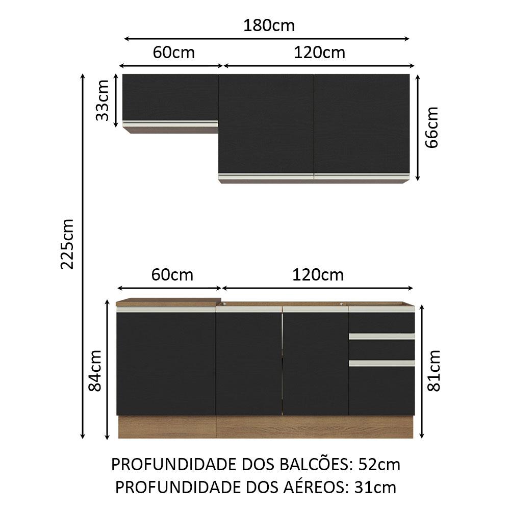 Cozinha Completa Madesa Glamy 180007 com Armário e Balcão (Sem Tampo e Pia) - Rustic/Preto