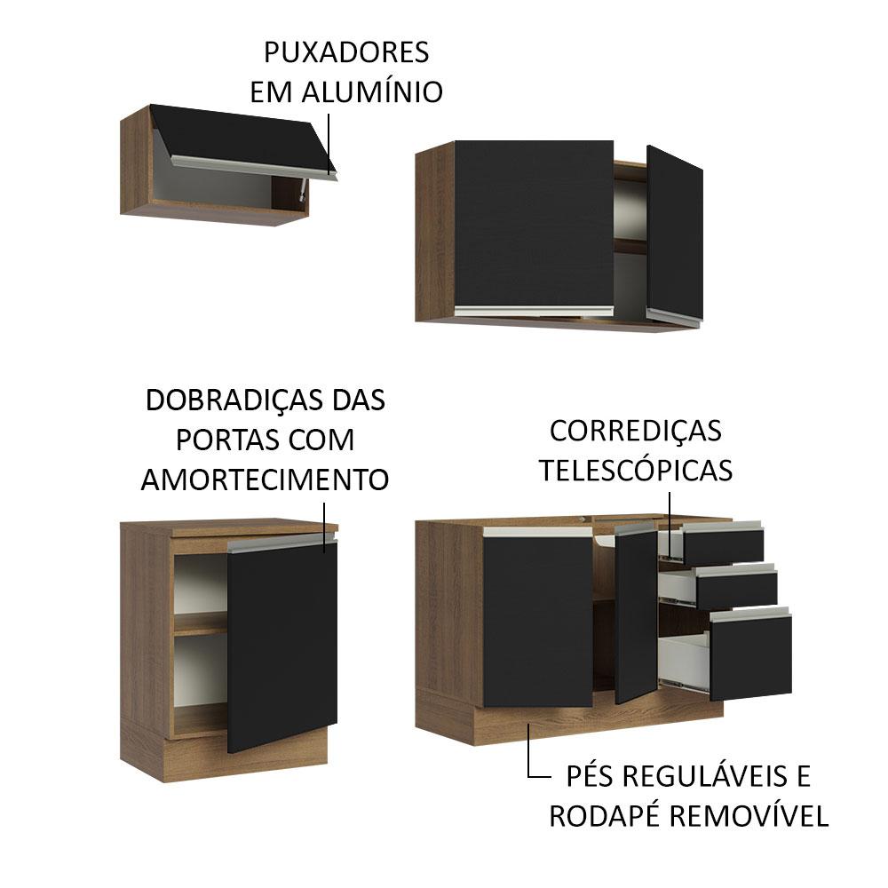 Cozinha Completa Madesa Glamy 180007 com Armário e Balcão (Sem Tampo e Pia) - Rustic/Preto