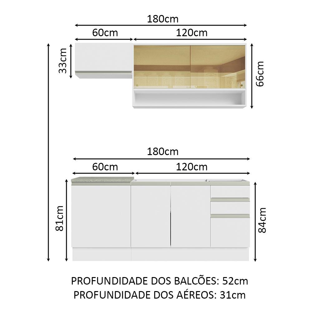 Cozinha Completa Madesa Glamy 180008 com Armário e Balcão (Sem Tampo e Pia) - Branco
