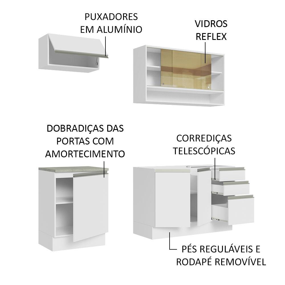 Cozinha Completa Madesa Glamy 180008 com Armário e Balcão (Sem Tampo e Pia) - Branco