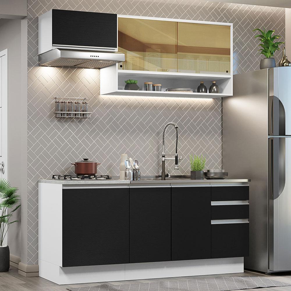 Cozinha Completa Madesa Glamy 180008 com Armário e Balcão (Sem Tampo e Pia) - Branco/Preto