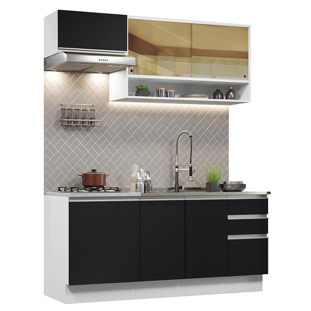 Cozinha Completa Madesa Glamy 180008 com Armário e Balcão (Sem Tampo e Pia) - Branco/Preto