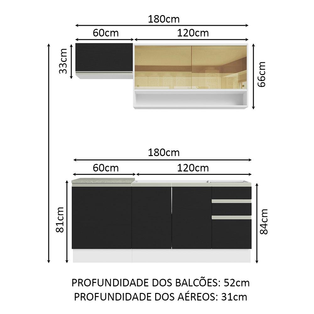 Cozinha Completa Madesa Glamy 180008 com Armário e Balcão (Sem Tampo e Pia) - Branco/Preto