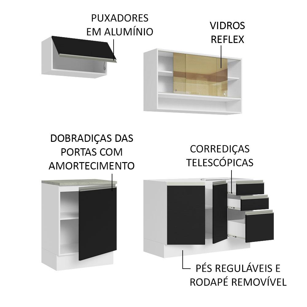 Cozinha Completa Madesa Glamy 180008 com Armário e Balcão (Sem Tampo e Pia) - Branco/Preto