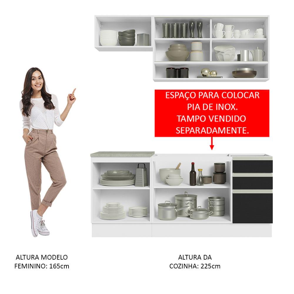 Cozinha Completa Madesa Glamy 180008 com Armário e Balcão (Sem Tampo e Pia) - Branco/Preto