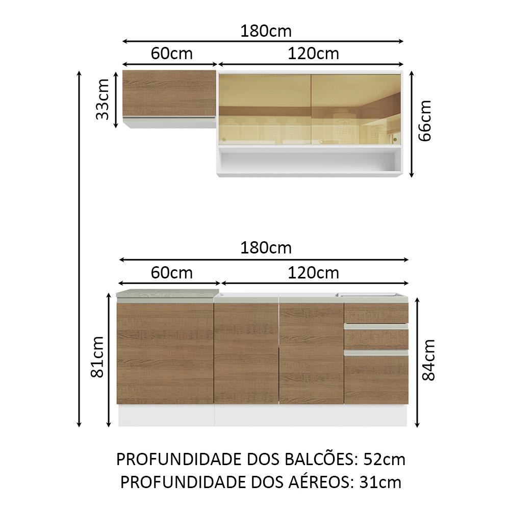 Cozinha Completa Madesa Glamy 180008 com Armário e Balcão (Sem Tampo e Pia) - Branco/Rustic