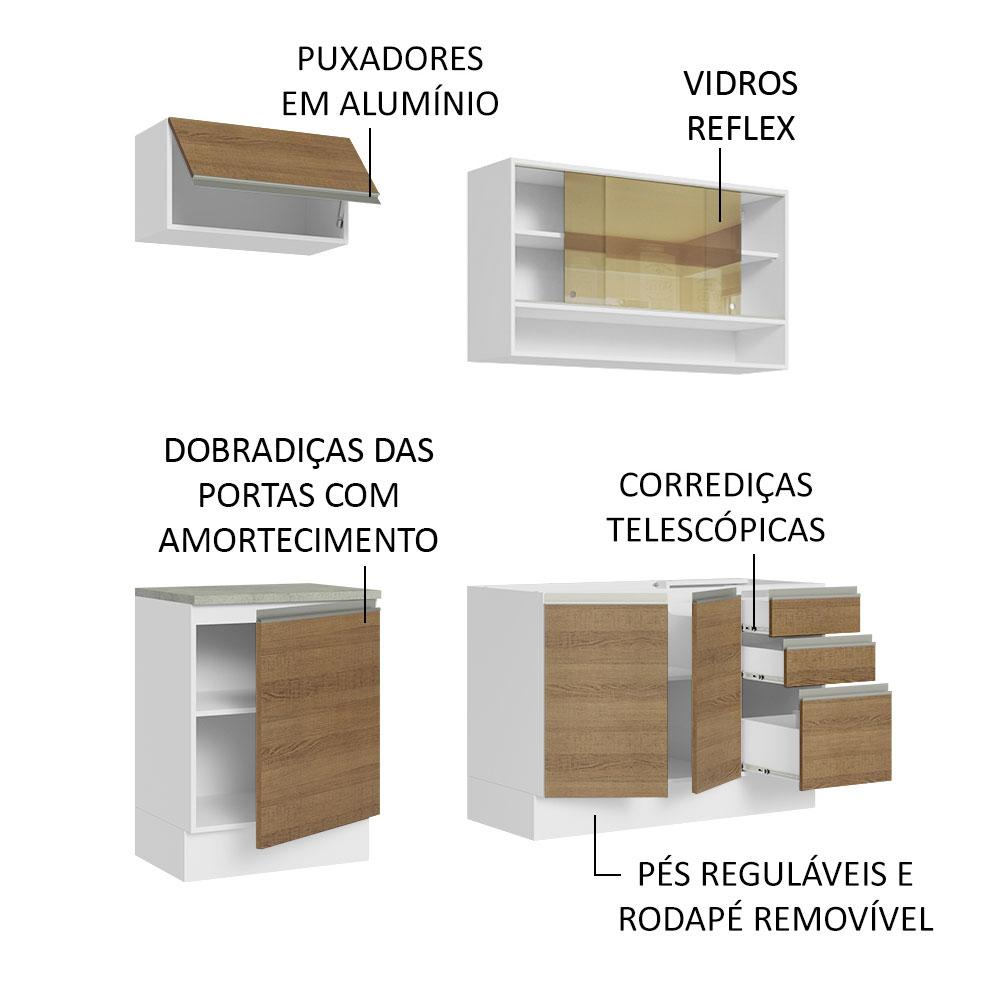 Cozinha Completa Madesa Glamy 180008 com Armário e Balcão (Sem Tampo e Pia) - Branco/Rustic