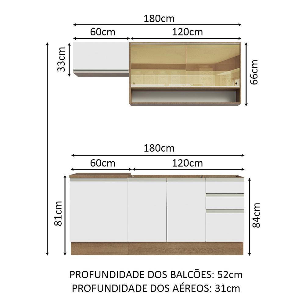 Cozinha Completa Madesa Glamy 180008 com Armário e Balcão (Sem Tampo e Pia) - Rustic/Branco