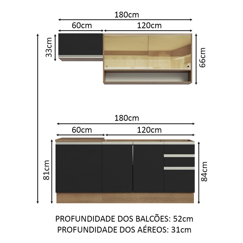 Cozinha Completa Madesa Glamy 180008 com Armário e Balcão (Sem Tampo e Pia) - Rustic/Preto
