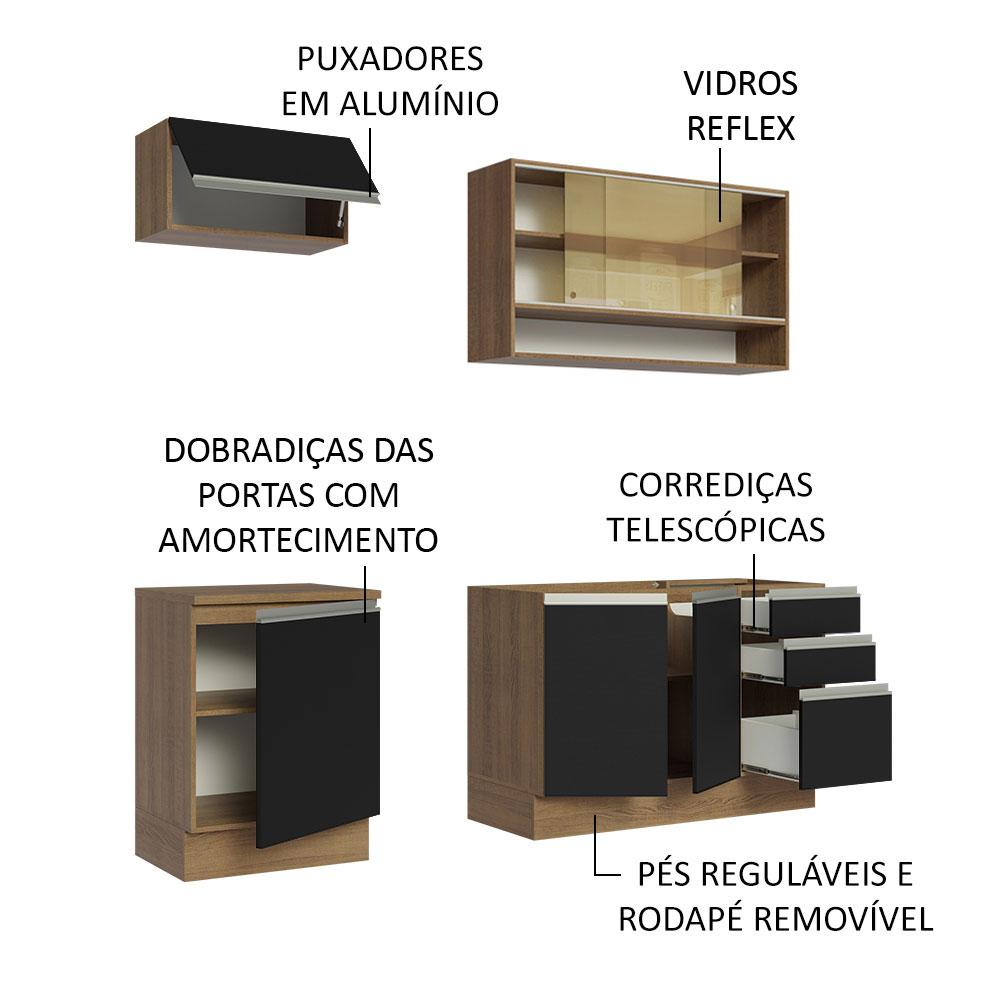 Cozinha Completa Madesa Glamy 180008 com Armário e Balcão (Sem Tampo e Pia) - Rustic/Preto