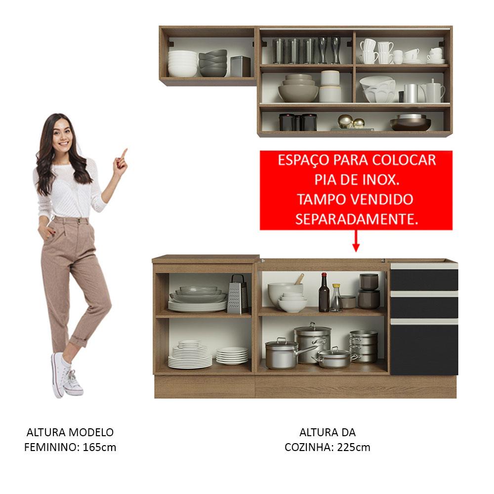 Cozinha Completa Madesa Glamy 180008 com Armário e Balcão (Sem Tampo e Pia) - Rustic/Preto