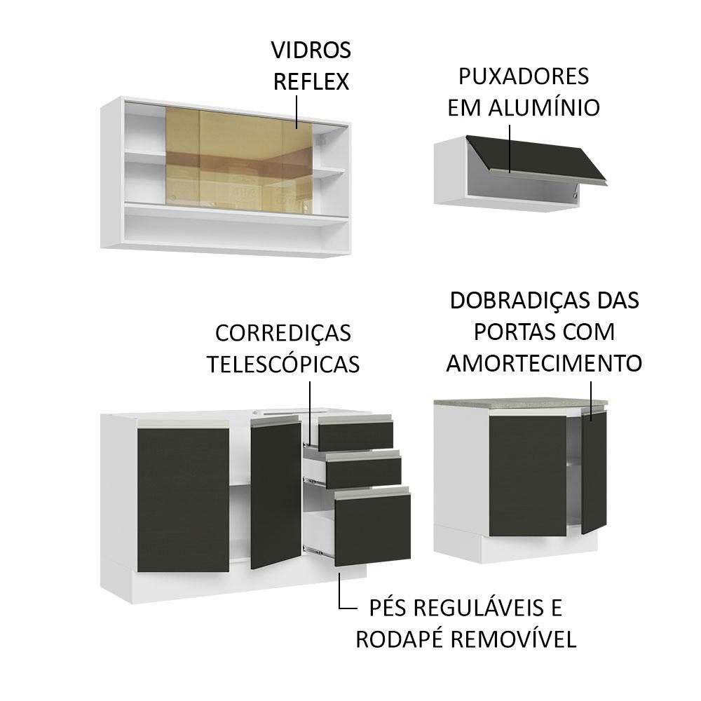 Cozinha Completa Madesa Glamy 200003 com Armário e Balcão (Sem Tampo e Pia) - Branco/Preto