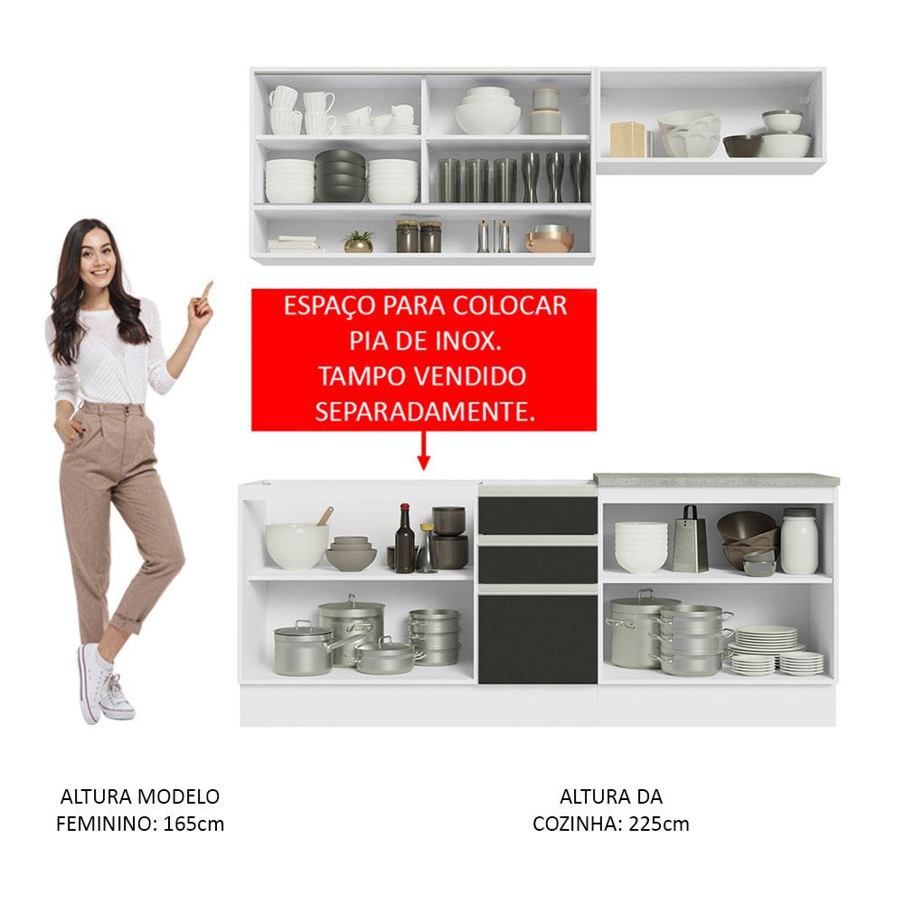 Cozinha Completa Madesa Glamy 200003 com Armário e Balcão (Sem Tampo e Pia) - Branco/Preto