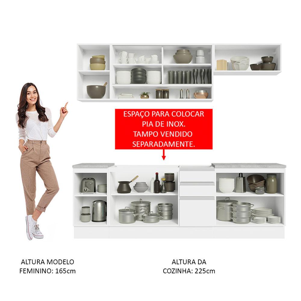 Cozinha Completa Madesa Glamy 240003 com Armário e Balcão (Sem Tampo e Pia) - Branco
