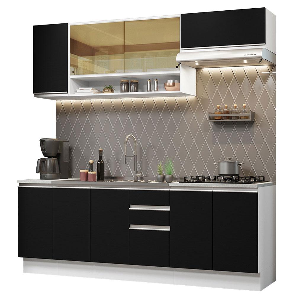Cozinha Completa Madesa Glamy 240003 com Armário e Balcão (Sem Tampo e Pia) - Branco/Preto