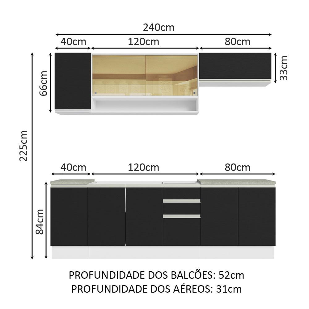 Cozinha Completa Madesa Glamy 240003 com Armário e Balcão (Sem Tampo e Pia) - Branco/Preto