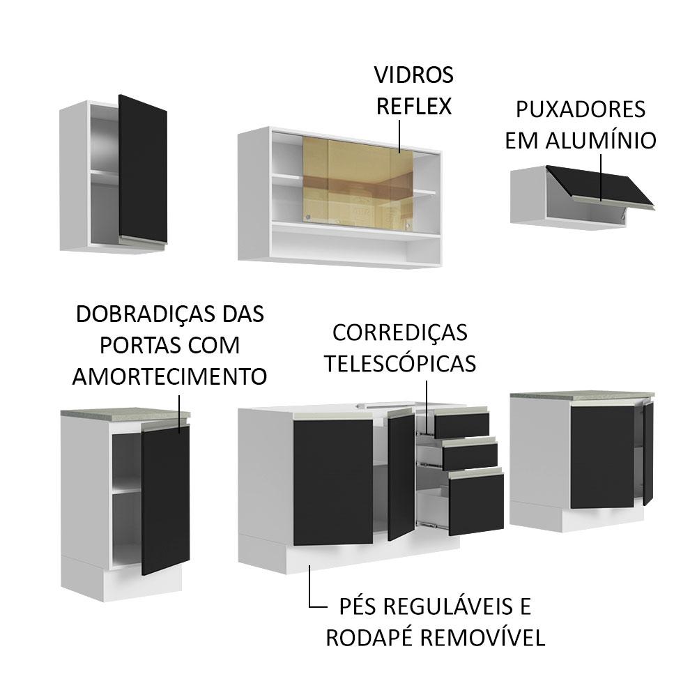Cozinha Completa Madesa Glamy 240003 com Armário e Balcão (Sem Tampo e Pia) - Branco/Preto