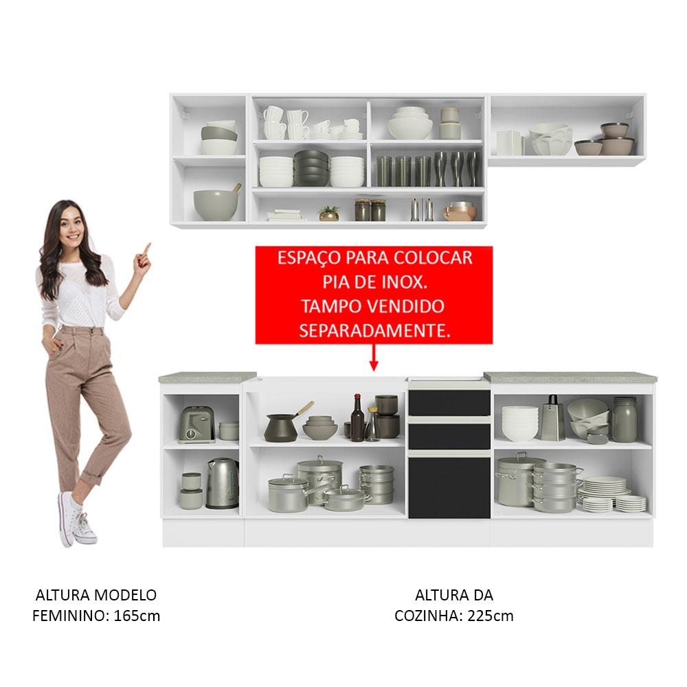 Cozinha Completa Madesa Glamy 240003 com Armário e Balcão (Sem Tampo e Pia) - Branco/Preto