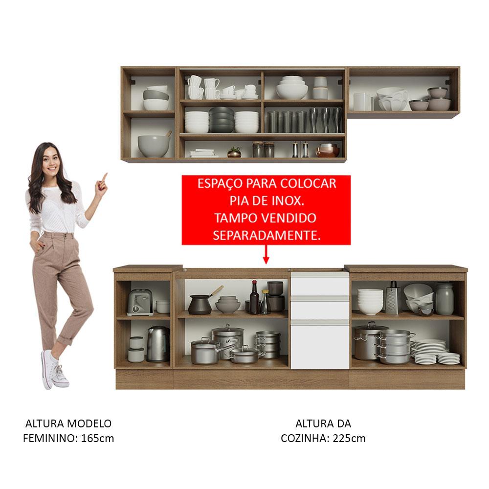 Cozinha Completa Madesa Glamy 240003 com Armário e Balcão (Sem Tampo e Pia) - Rustic/Branco