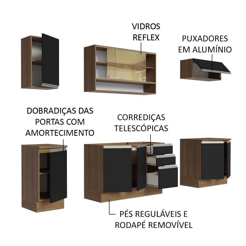 Cozinha Completa Madesa Glamy 240003 com Armário e Balcão (Sem Tampo e Pia) - Rustic/Preto