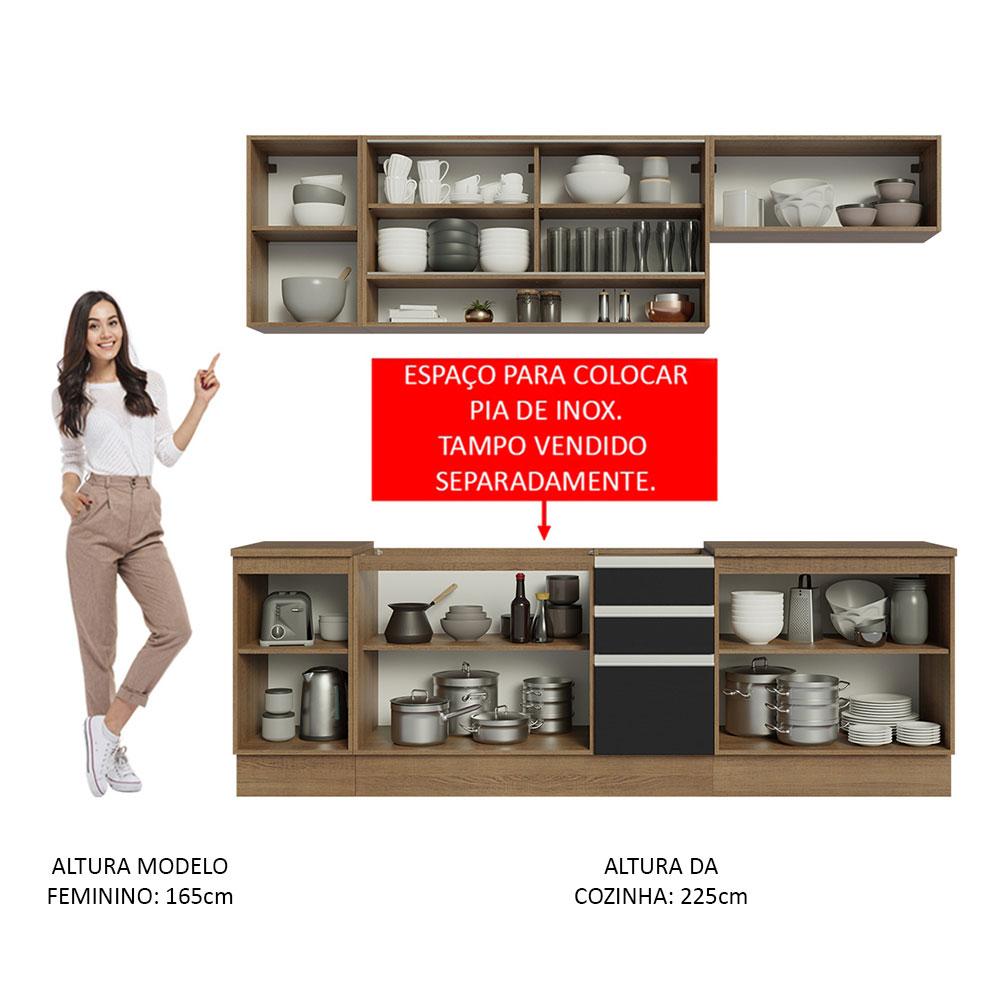 Cozinha Completa Madesa Glamy 240003 com Armário e Balcão (Sem Tampo e Pia) - Rustic/Preto