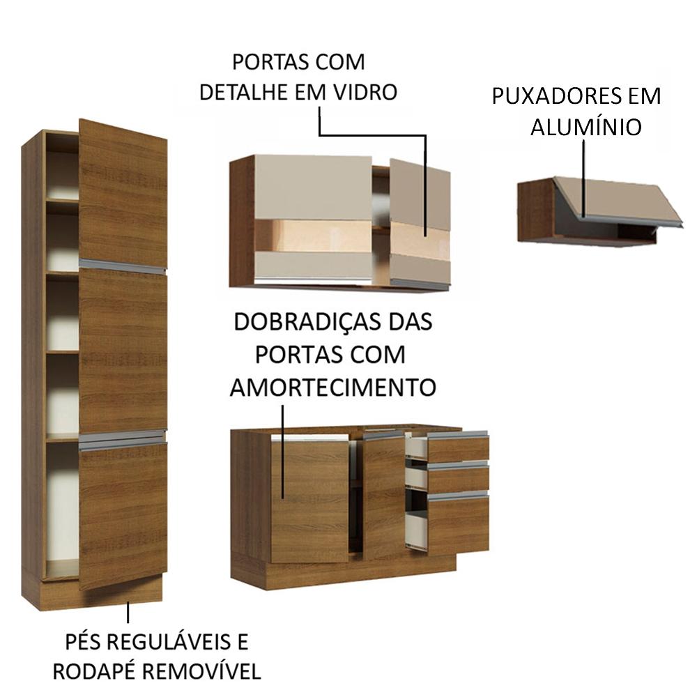Cozinha Completa Madesa Glamy 260001 com Armário e Balcão (Sem Tampo e Pia) - Rustic/Crema
