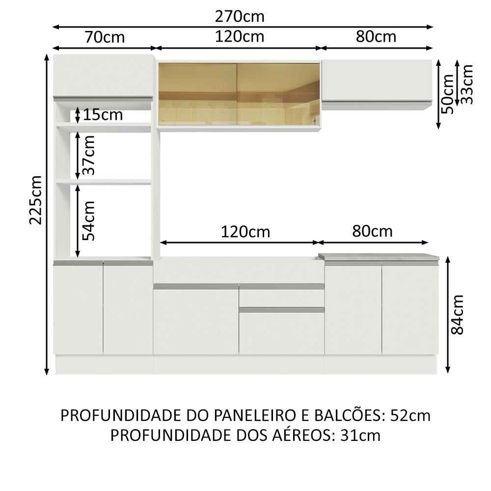Cozinha Completa Madesa Glamy 270010 com Armário e Balcão (Sem Tampo e Pia) - Branco