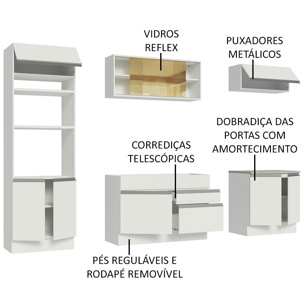 Cozinha Completa Madesa Glamy 270010 com Armário e Balcão (Sem Tampo e Pia) - Branco