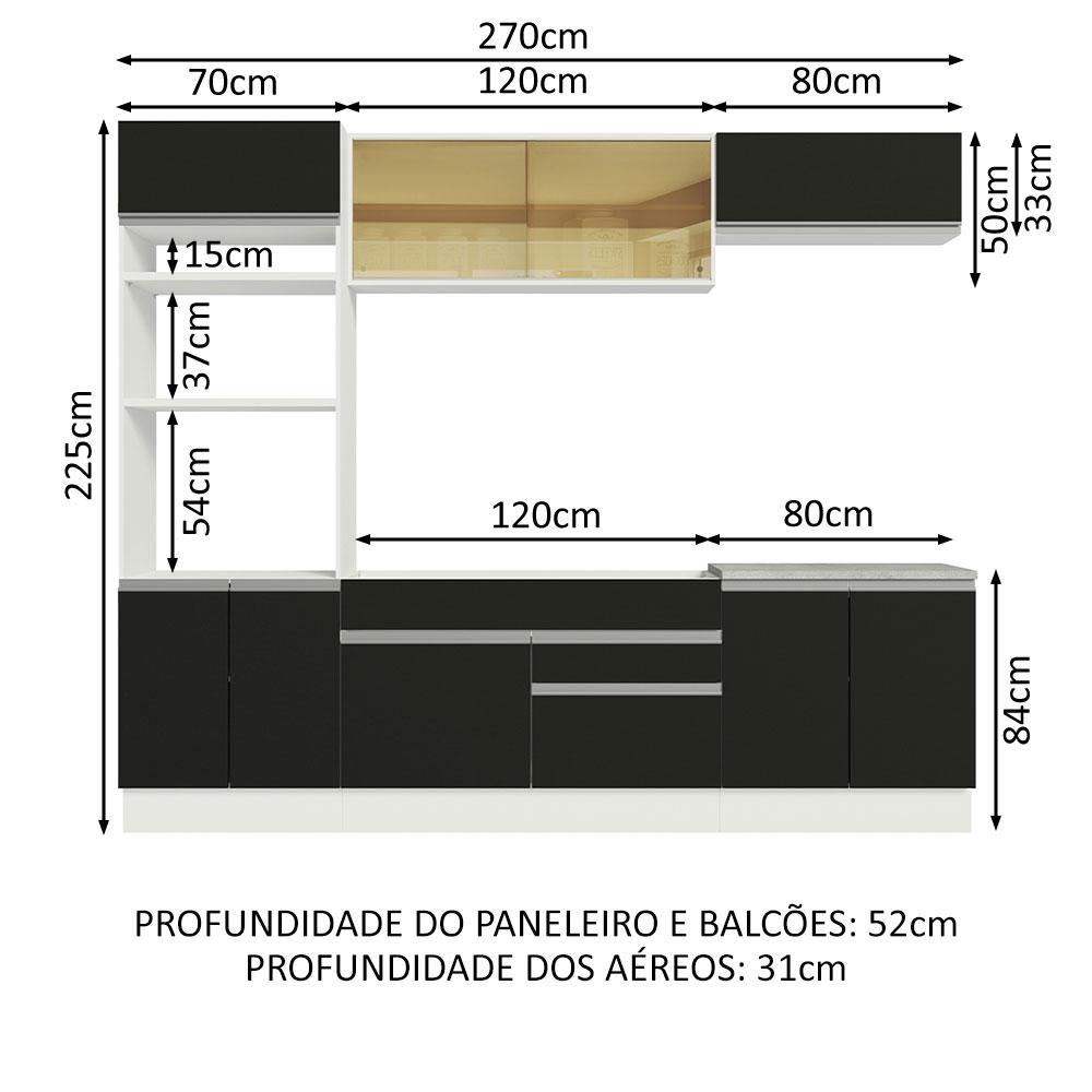 Cozinha Completa Madesa Glamy 270010 com Armário e Balcão (Sem Tampo e Pia) - Branco/Preto