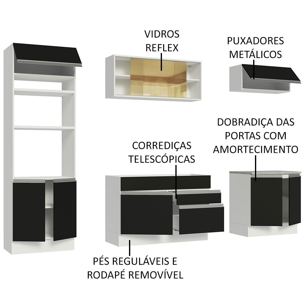 Cozinha Completa Madesa Glamy 270010 com Armário e Balcão (Sem Tampo e Pia) - Branco/Preto