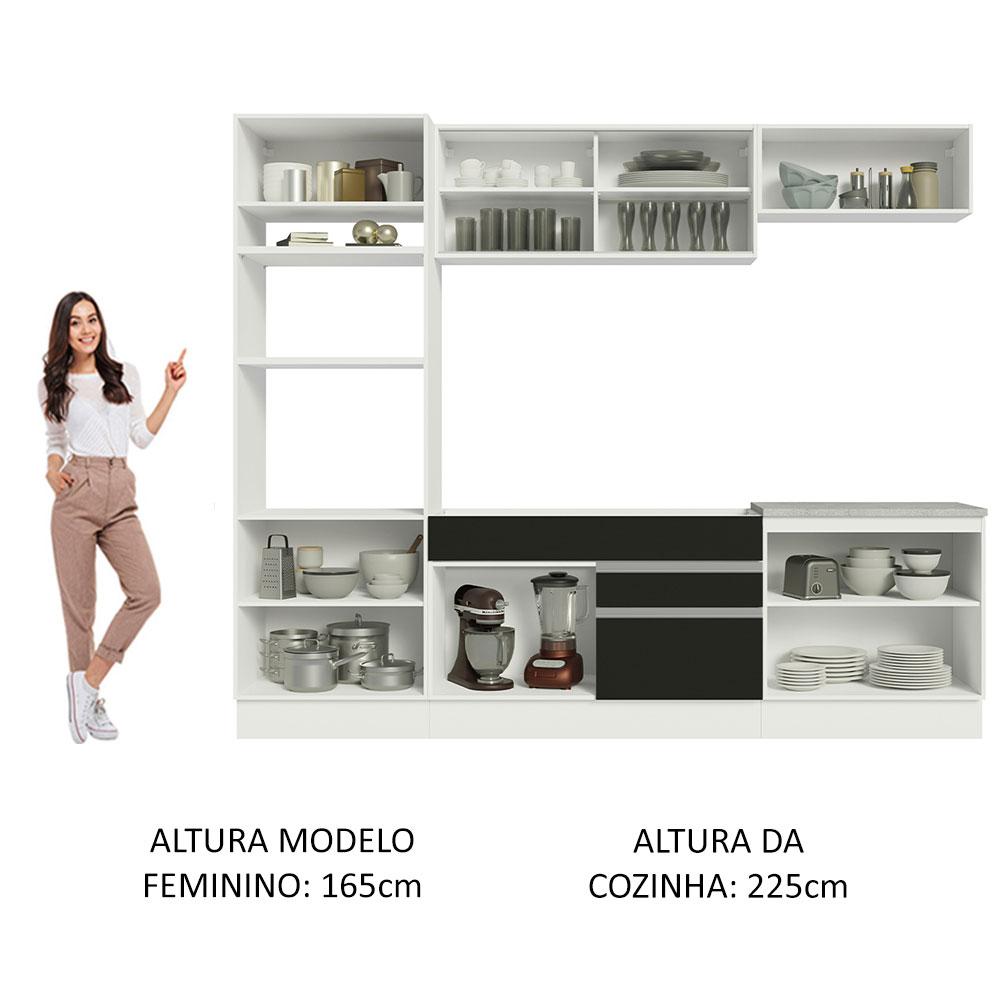 Cozinha Completa Madesa Glamy 270010 com Armário e Balcão (Sem Tampo e Pia) - Branco/Preto