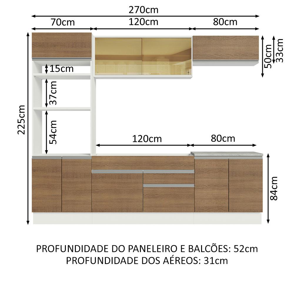 Cozinha Completa Madesa Glamy 270010 com Armário e Balcão (Sem Tampo e Pia) - Branco/Rustic