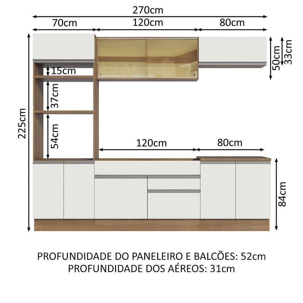 Cozinha Completa Madesa Glamy 270010 com Armário e Balcão (Sem Tampo e Pia) - Rustic/Branco