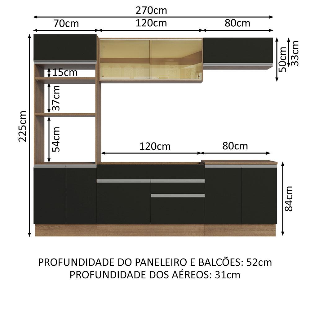 Cozinha Completa Madesa Glamy 270010 com Armário e Balcão (Sem Tampo e Pia) - Rustic/Preto