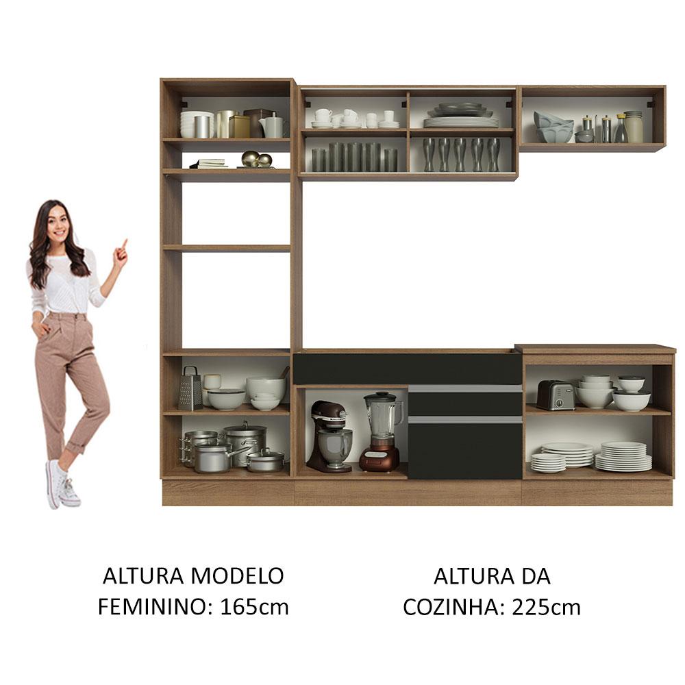 Cozinha Completa Madesa Glamy 270010 com Armário e Balcão (Sem Tampo e Pia) - Rustic/Preto