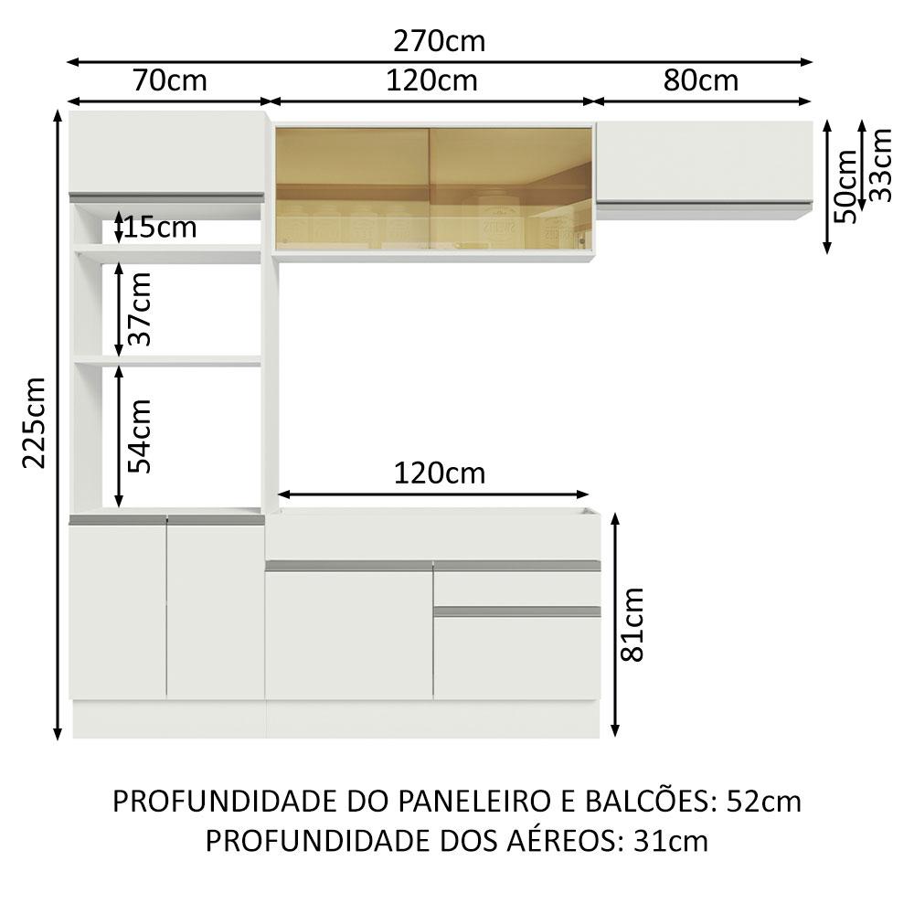 Cozinha Completa Madesa Glamy 270011 com Armário e Balcão (Sem Tampo e Pia) - Branco