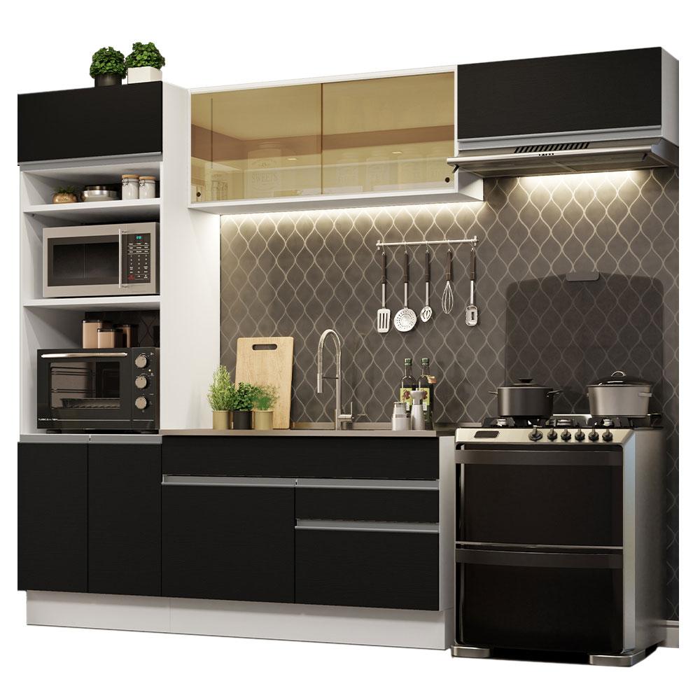 Cozinha Completa Madesa Glamy 270011 com Armário e Balcão (Sem Tampo e Pia) - Branco/Preto