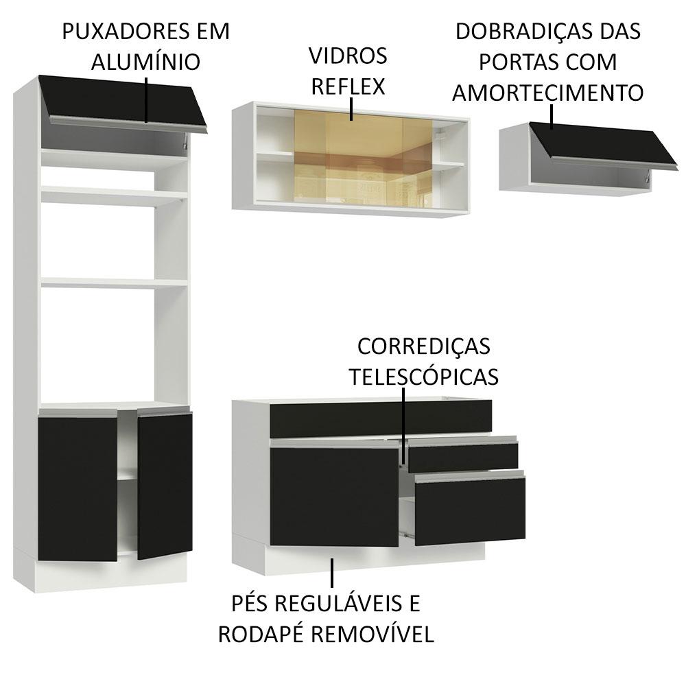 Cozinha Completa Madesa Glamy 270011 com Armário e Balcão (Sem Tampo e Pia) - Branco/Preto