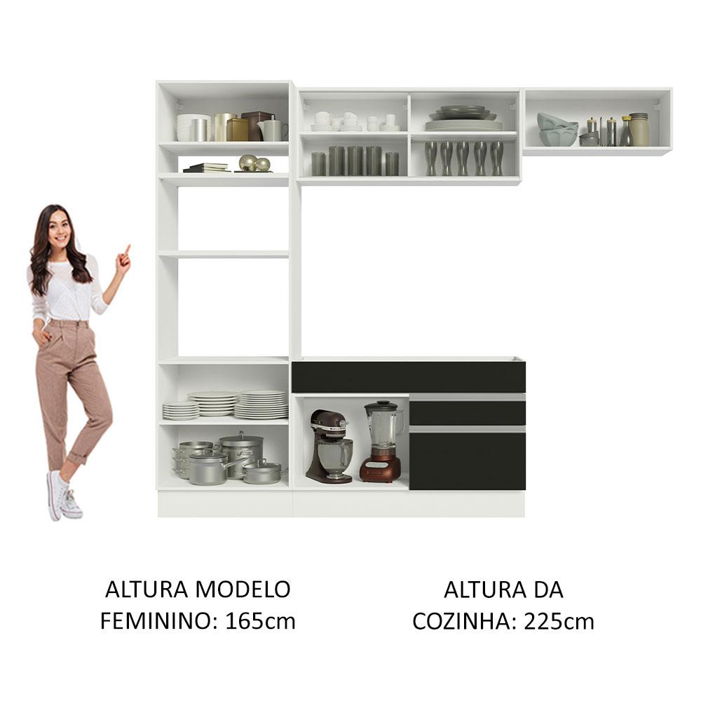 Cozinha Completa Madesa Glamy 270011 com Armário e Balcão (Sem Tampo e Pia) - Branco/Preto
