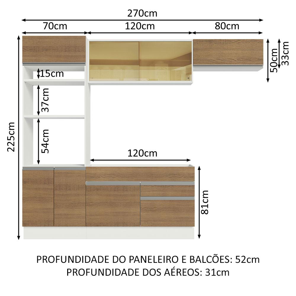 Cozinha Completa Madesa Glamy 270011 com Armário e Balcão (Sem Tampo e Pia) - Branco/Rustic