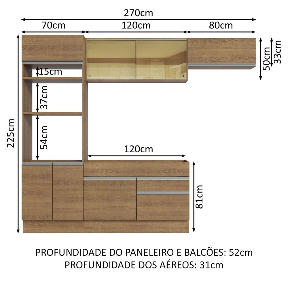 Cozinha Completa Madesa Glamy 270011 com Armário e Balcão (Sem Tampo e Pia) - Rustic