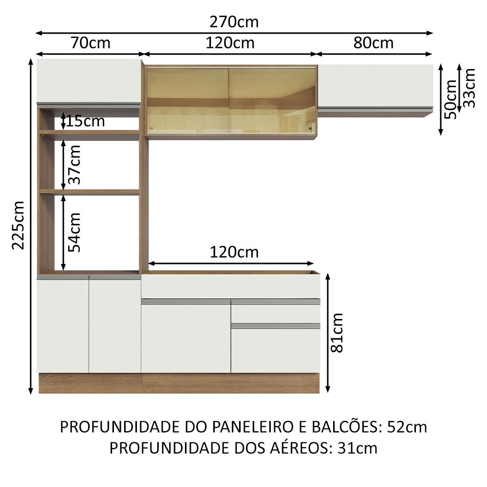 Cozinha Completa Madesa Glamy 270011 com Armário e Balcão (Sem Tampo e Pia) - Rustic/Branco