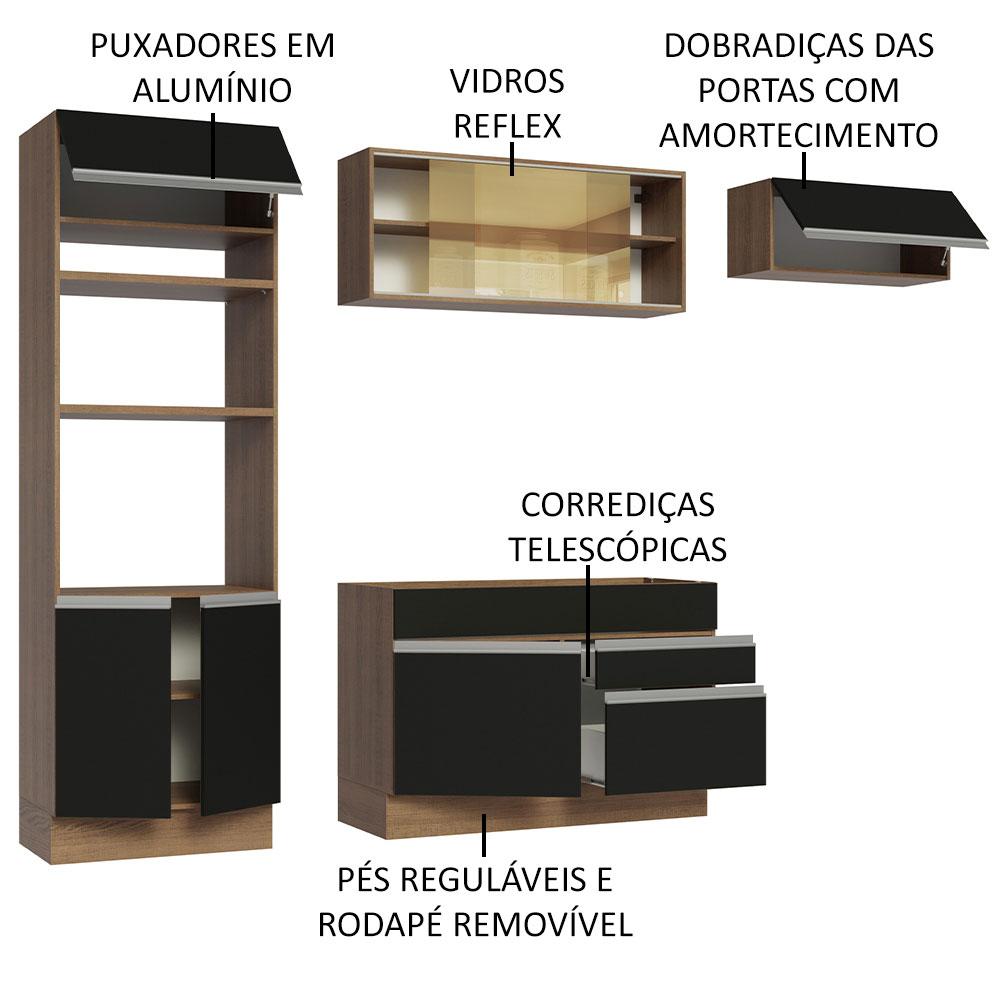 Cozinha Completa Madesa Glamy 270011 com Armário e Balcão (Sem Tampo e Pia) - Rustic/Preto