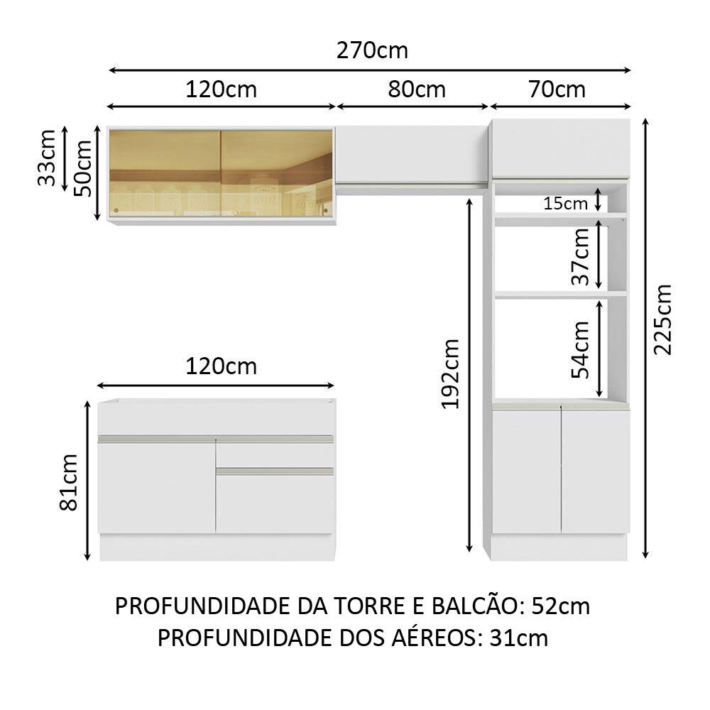 Cozinha Completa Madesa Glamy 270012 com Armário e Balcão (Sem Tampo e Pia) - Branco