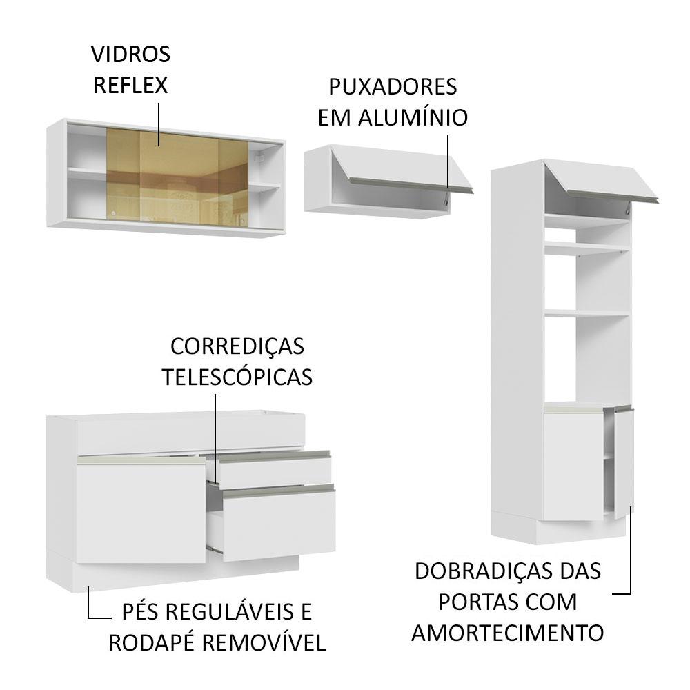 Cozinha Completa Madesa Glamy 270012 com Armário e Balcão (Sem Tampo e Pia) - Branco